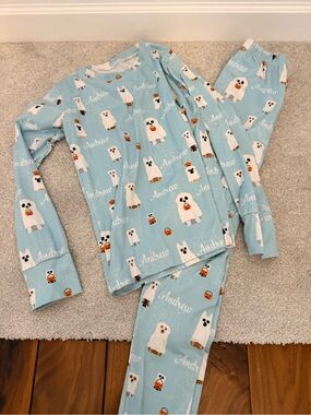Personalized Light Blue Kids Pajama Set with Ghost Print personalized Andrew